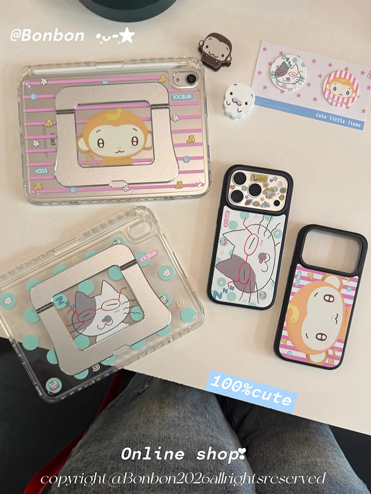 Cartoon Cute Striped Little Monkey Cat Tablet Cover For iPad Pro 13 11th M5 M4 12.9 A16 8 7 9th 10th Air 11 M2 M3 Fulcrum Case