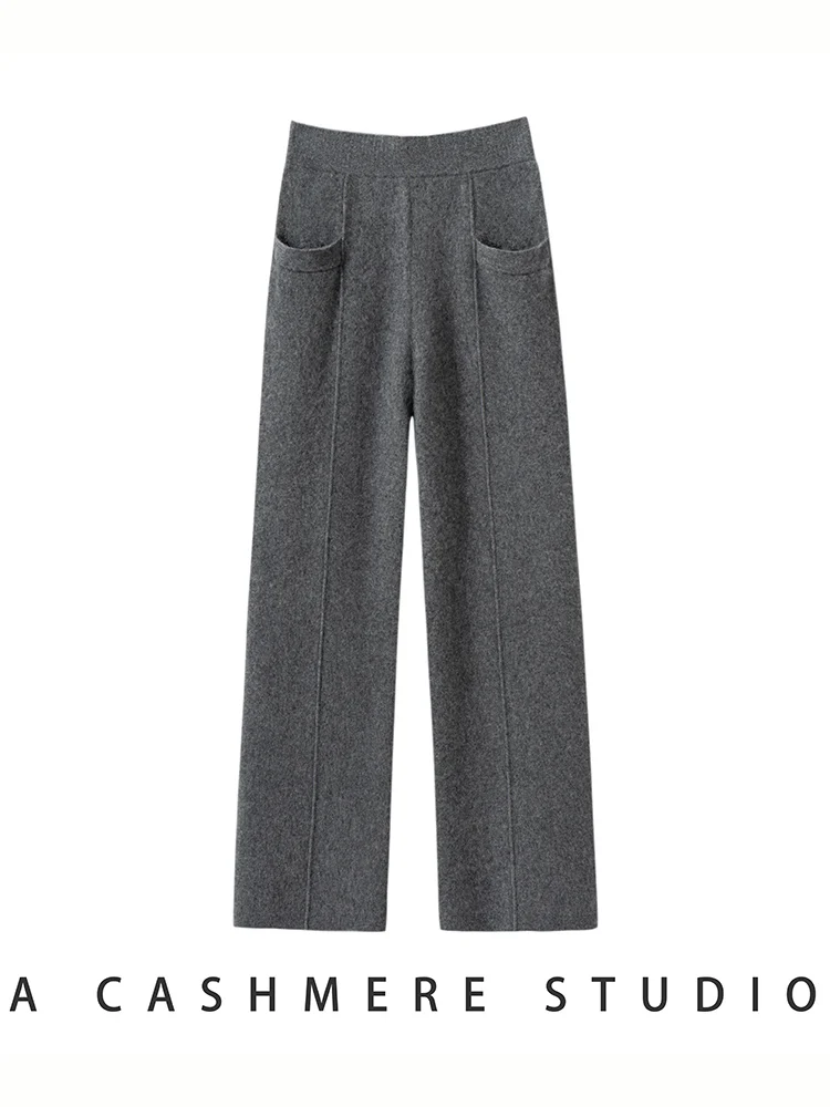 

TLOML Women’s 100% Cashmere Knitwear Pocket Mid Seam Straight Leg Pants Autumn Winter Casual Soft Heavyweight Cashmere Trouser