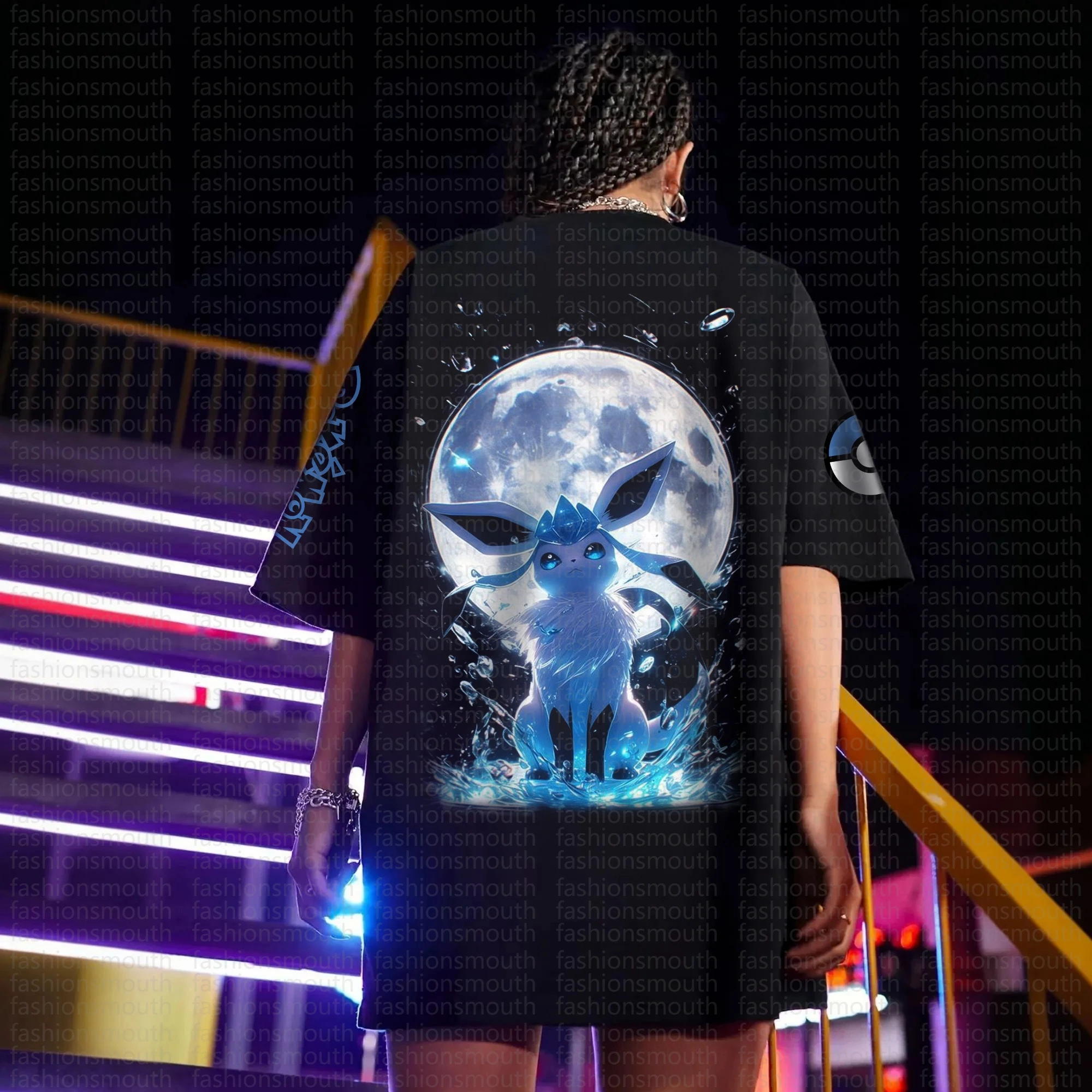 Camiseta de algodón de Pokémon para hombre y mujer, Camiseta con estampado trasero de Glaceon, efectos de luz de luna azul, ajuste holgado, moda informal de Anime, novedad de verano 2026