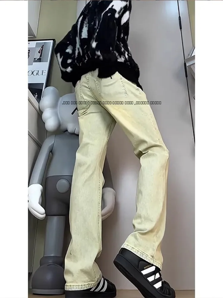 

High Waist Flared Straight Leg Fce Lined Men's Jeans Autumn Winter High Waist Slimming Effect Yellow Mud Color Knife