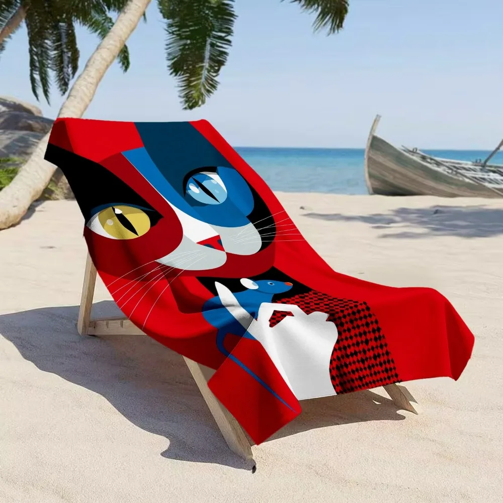 Vibrant Modern Art Beach Towel, Color Block Cat & Mouse Illustration Print Bath Towel, Stylish Cat Lover Summer Beach Blanket