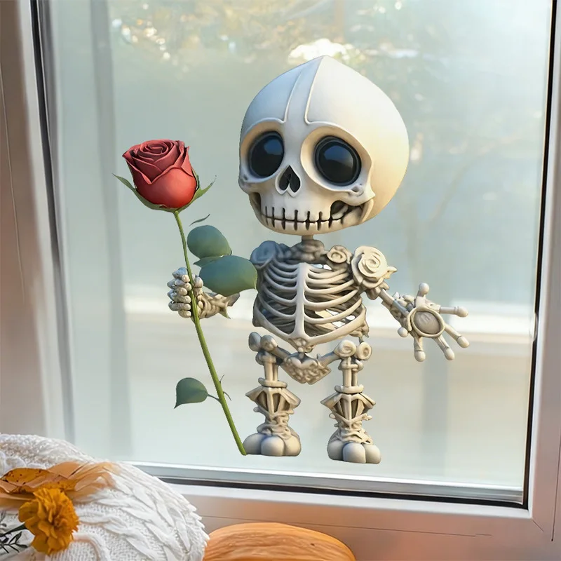 Halloween Chibi Cute Skull Red Rose Static Glass Decal, Window Sticker, Sweet Spooky Ornament for Shop Home Window Scene Decor