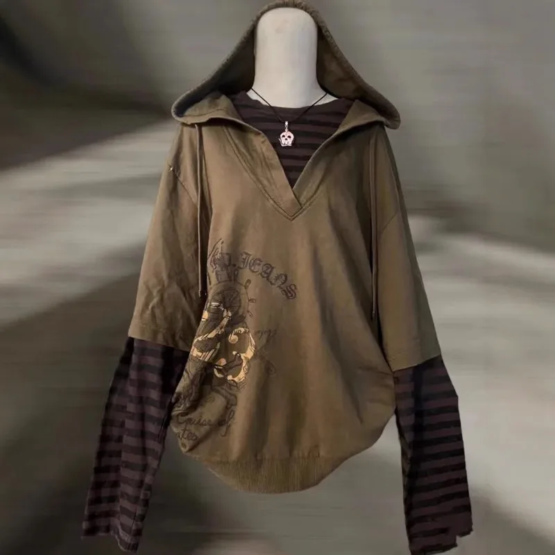 Sudadera de dos piezas falsa marrón de diseño Retro americano Vintage con capucha Central asiática suelta adelgazante Top primavera y otoño Y2k Ins