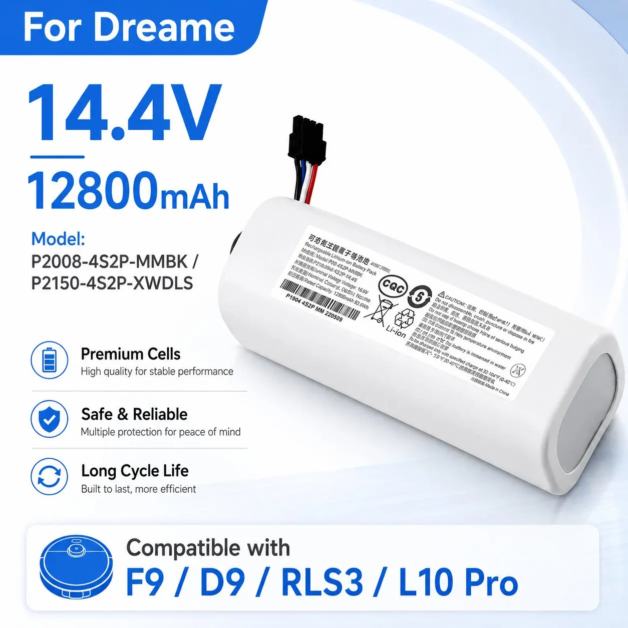 EU-Lager 14,4V 12800mAh Li-Ion Ersatzakku für Dreame D9 D9 Pro D9 MAX F9 D10 Plus D10s L10 L10s Ultra Serie Roboterstaubsauger Ersatzteile Schneller Lokaler Versand