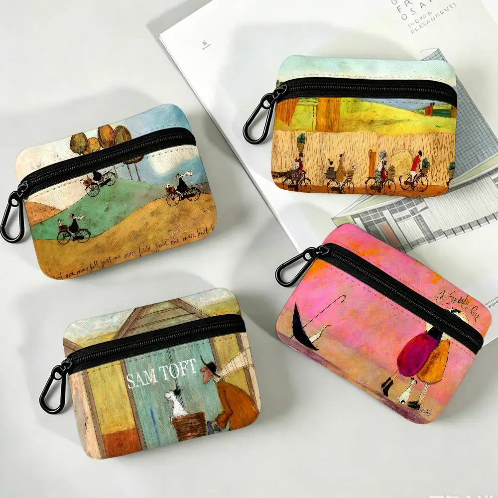 S-Sam-Toft Warm-Illustration Portable Oxford Cloth Coin Purse Alloy Carabiner Hook Small Zipper Pouch For Backpack Belt Daily