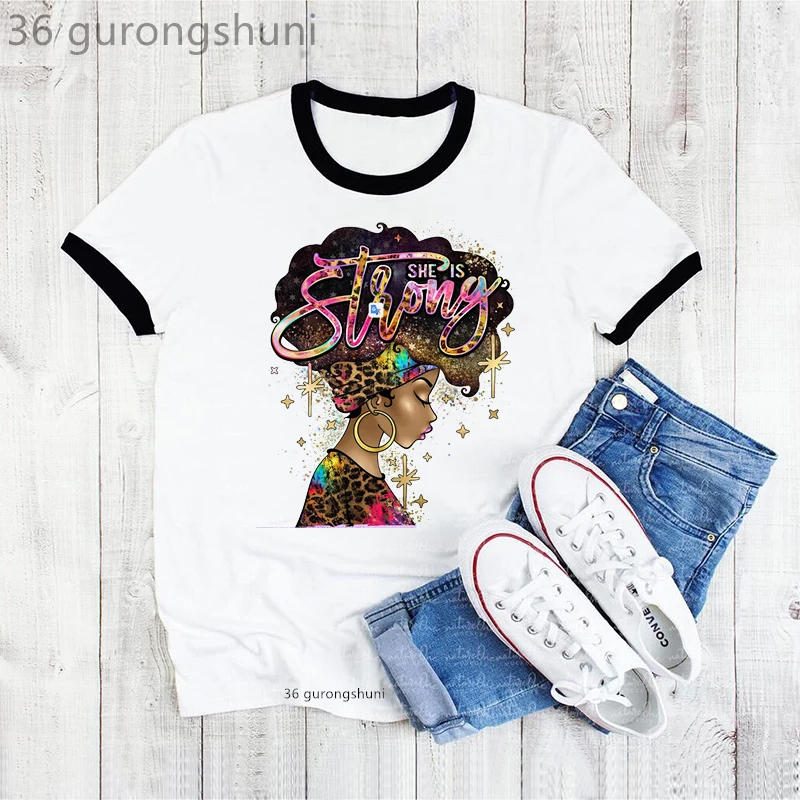 

2022 She Is Strong Black Women Tshirts Fashion Leopard Star Afro Queen Melanin T Shirt Femme Black Girl Magic T-Shirt Female Top