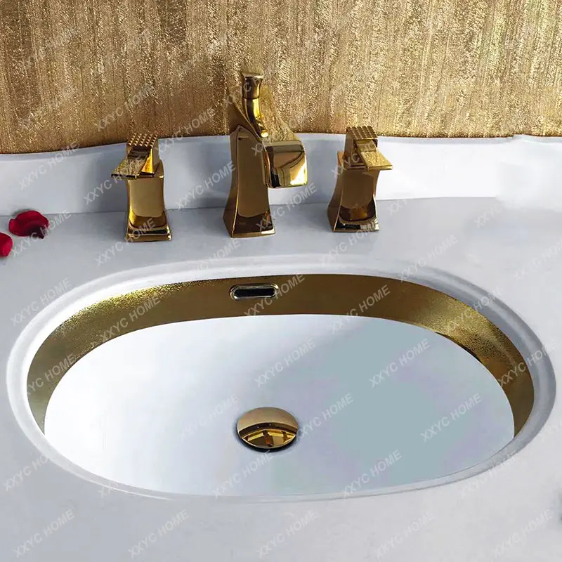 Golden Edge Embedded Platform Wash Basin Ceramic Soil Luxury Gold Face Washing Bathroom Cabinet Basin