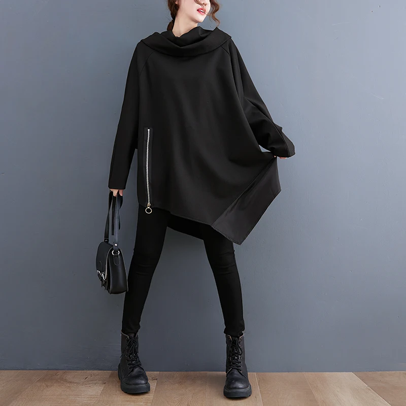 #3704 Autumn Winter Black Asymmetrical Hoodies Sweatshirt Tops Pullovers Loose Batwing Sleeve Long Sweatshirt Zipper Pile Collar