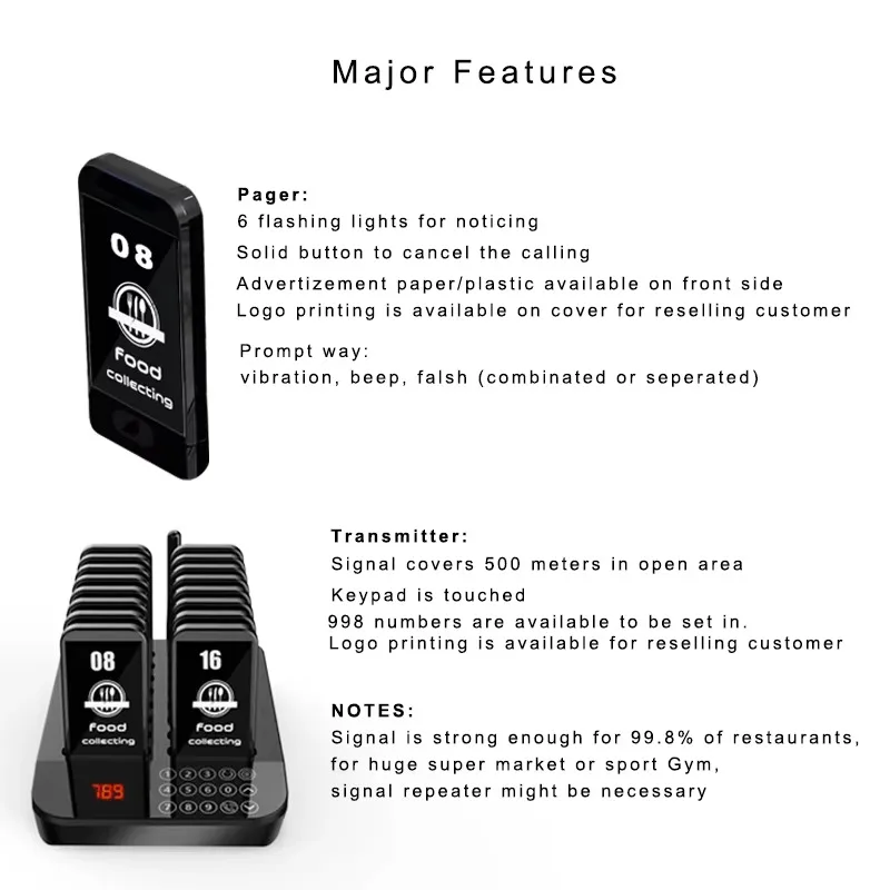 Restaurant Paging System 16 square Pagers with the Touched Keyboard for Queue Management