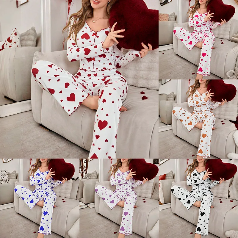 

Pajamas 2 Piece Sets Women Sleepwear Loungewear Suit Top Pants Heart Print Bow Trousers Autumn Ensemble Nightwear Outfits