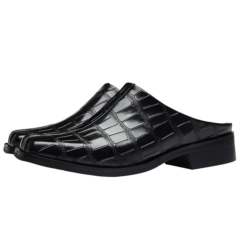 3CM Heels Luxury Men's Shoes Backless Cow Leather Slippers Man Closed-Toe Slip On Black Half Slippers Sandal Man, Size 37-44