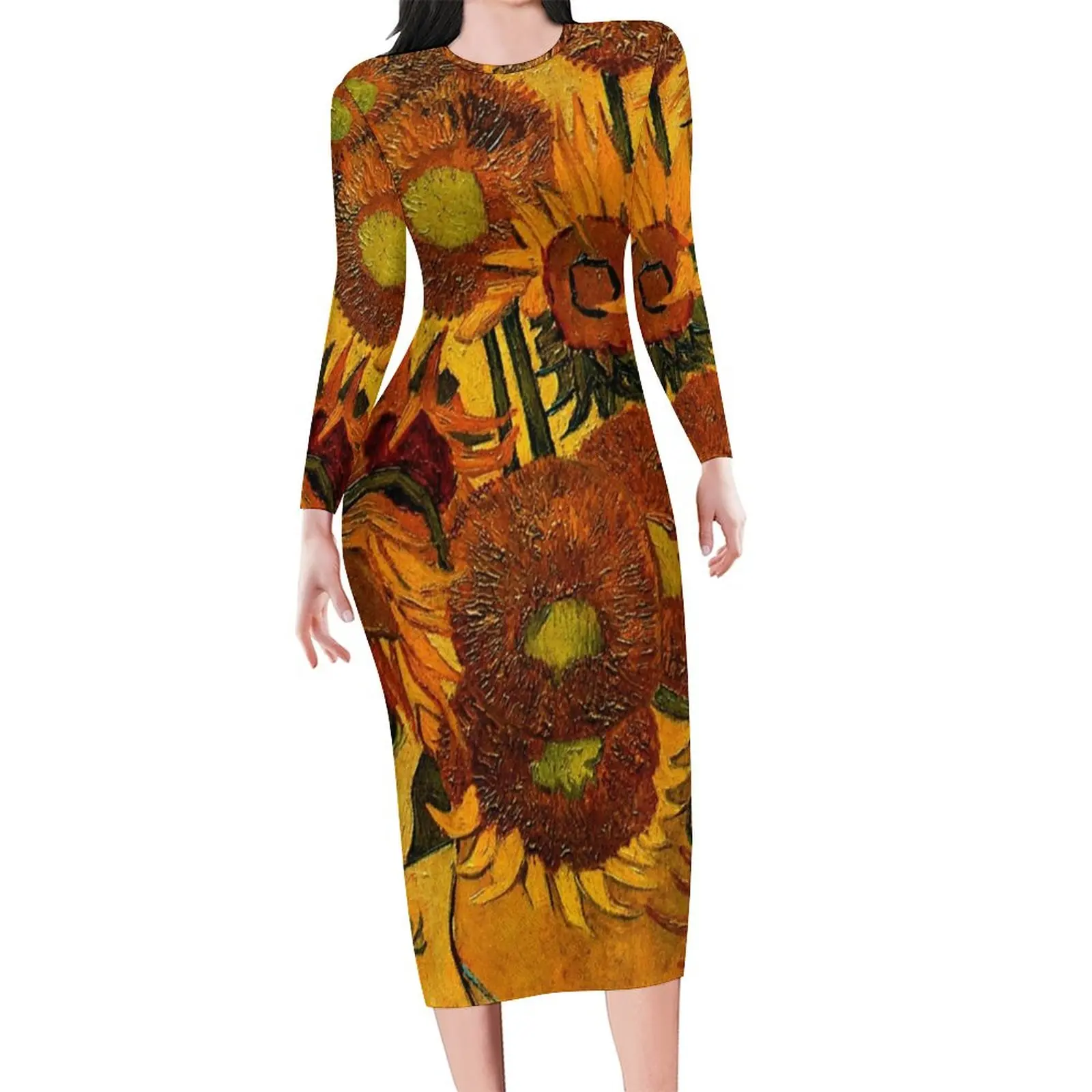 Van Gogh Bodycon Dress Female Vase With Sunflowers Stylish Dresses Autumn Long Sleeve Street Style Custom Dress Big Size 4XL 5XL