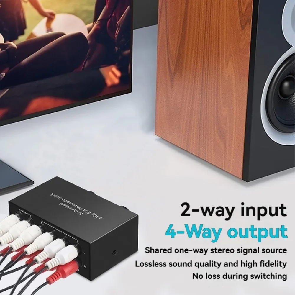 M07K-Bi-Directional 4-Way RCA Stereo Audio Switch L/R Sound Channel Audio Switcher,2 in 4 Out or 4 in 2 Out Audio Splitter