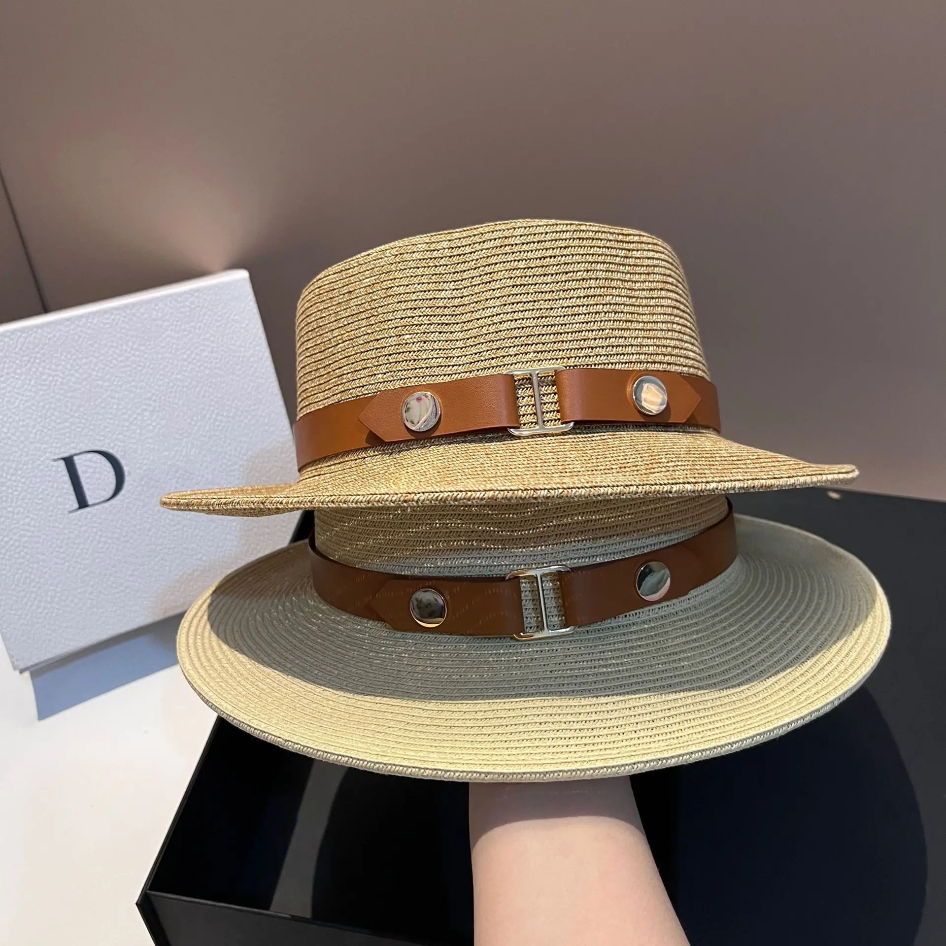 

2025 New Summer Sun Protection Flat Top Straw Hat Plant Fiber Woven Sunshade Big Brim Top Hat High Quality Belt Sun Hat Women