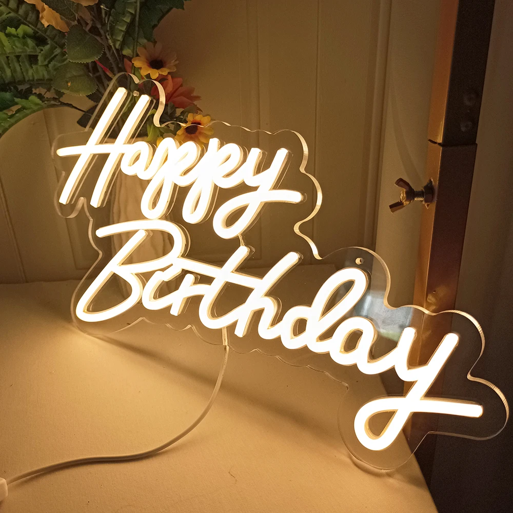 45cm Happy Birthday Neon LED Birthday Party Background Glow Sign 5V USB Power Supply Dimmable Decorative Night Light with Base