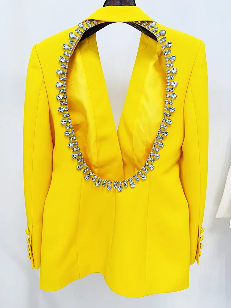 Yellow Backless Diamond Blazer Dress 2023 New Fashionable Personalized Open Back Bead Studded Mid Length Suit Coat Jacket Women