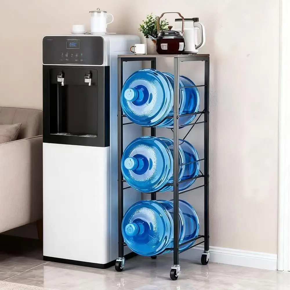 

Трехуровневая подставка для бутылей с колесами, усиленная X-образная конструкция, подставка для бутылей объемом 5 галлонов с полками для хранения для кухни, гостиной, офиса.