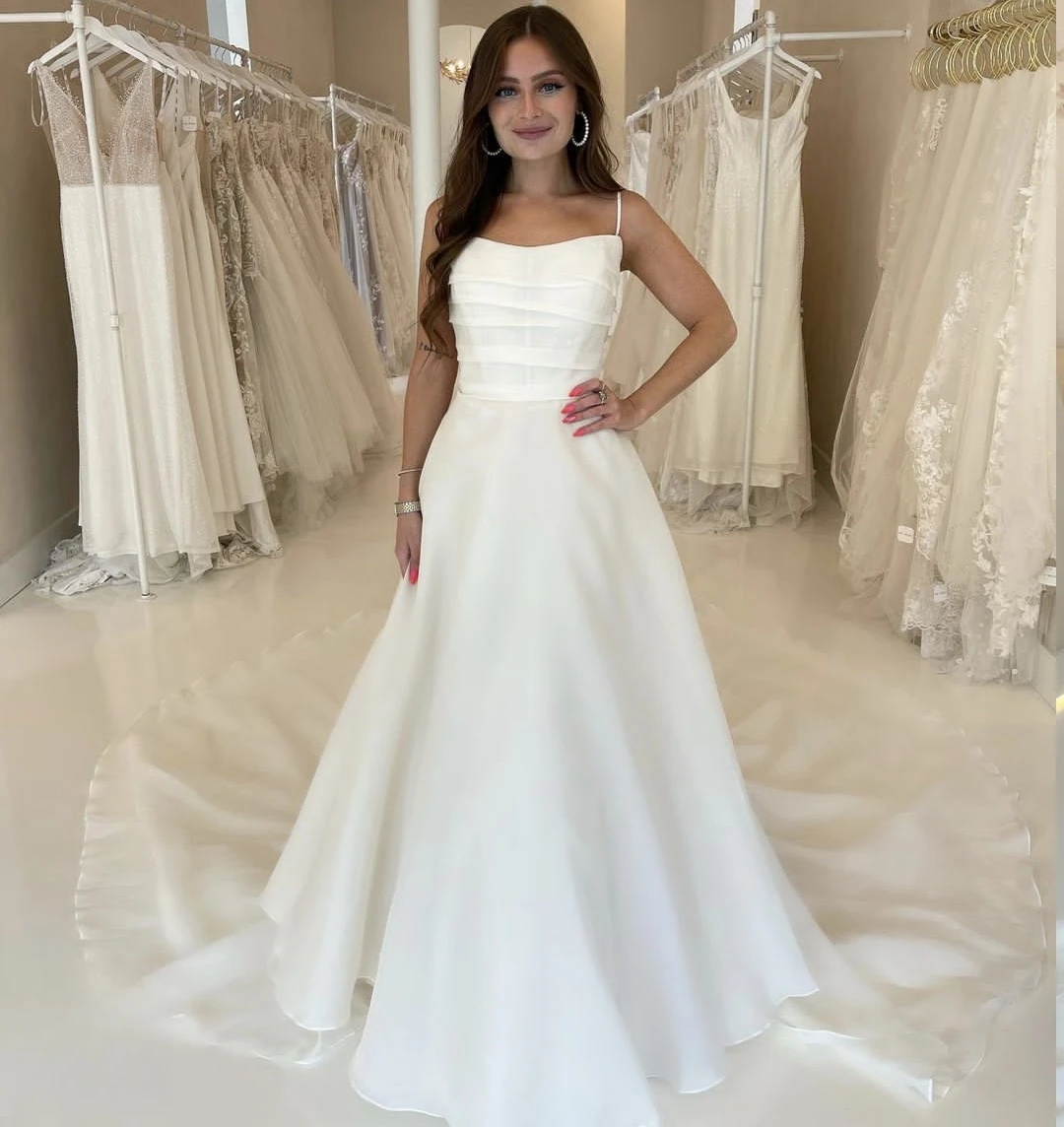 Vestido de Novia De Organza con corte en A para mujer, longitud hasta el suelo, personalizado a las medidas, cola larga, elegante