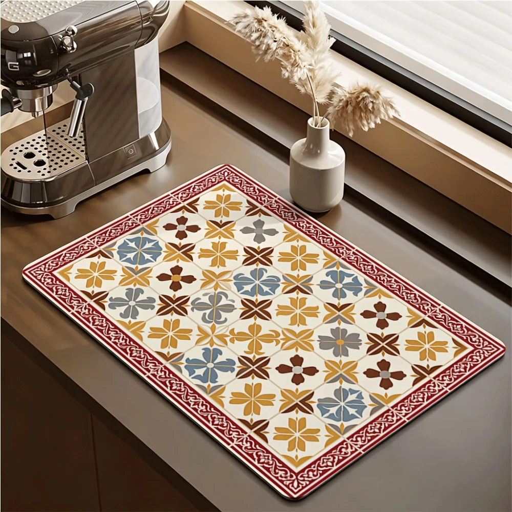 Blue Green Retro Tile Absorbent Mat Coffee Maker Countertop Drying Pad Heat Resistant Bar Dining Table Home Placemats