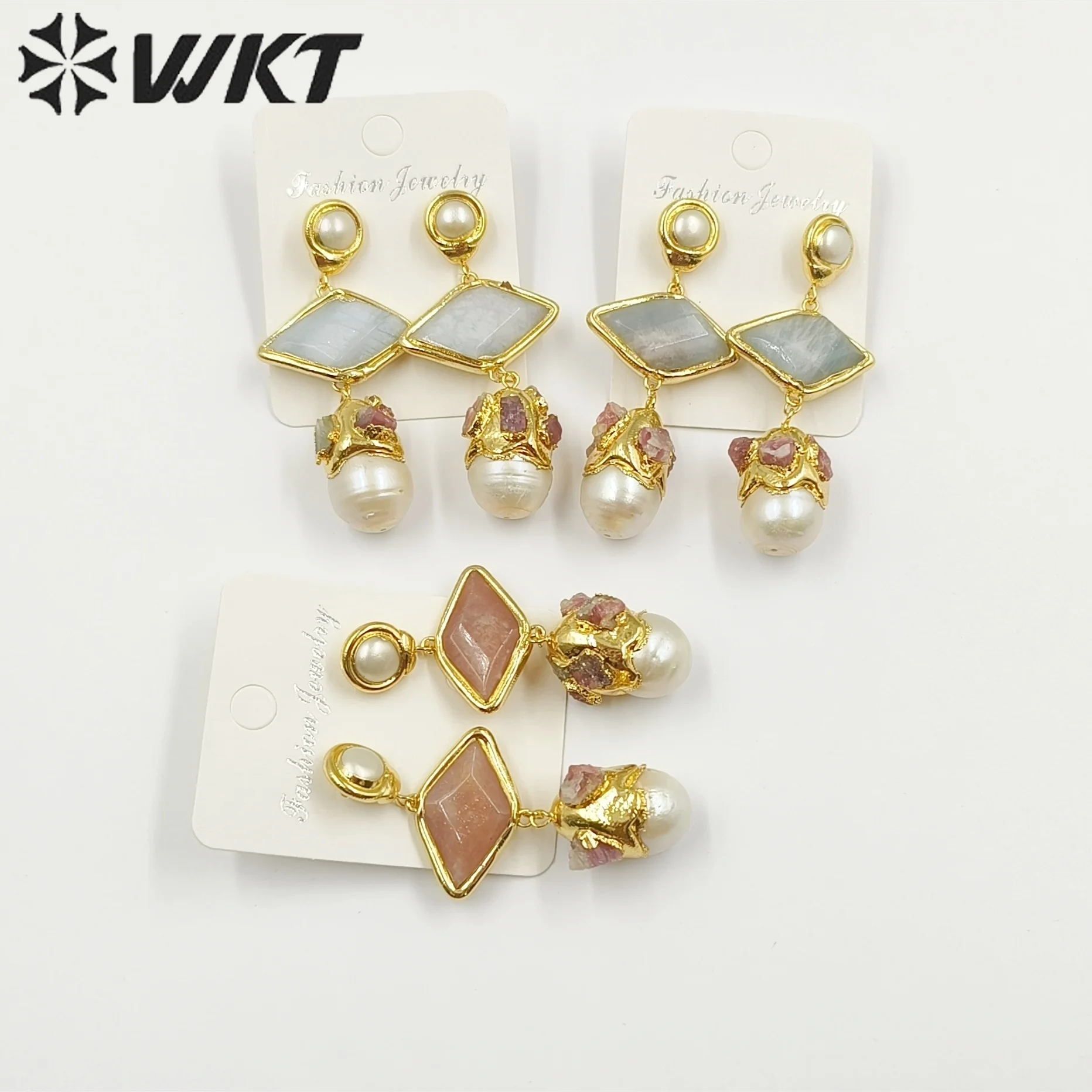 

WT-MPE101 Chinese Style Retro Simple Temperament Pearl and Aqua Marine Sun Stone Long Earring for Women Jewelry Finding