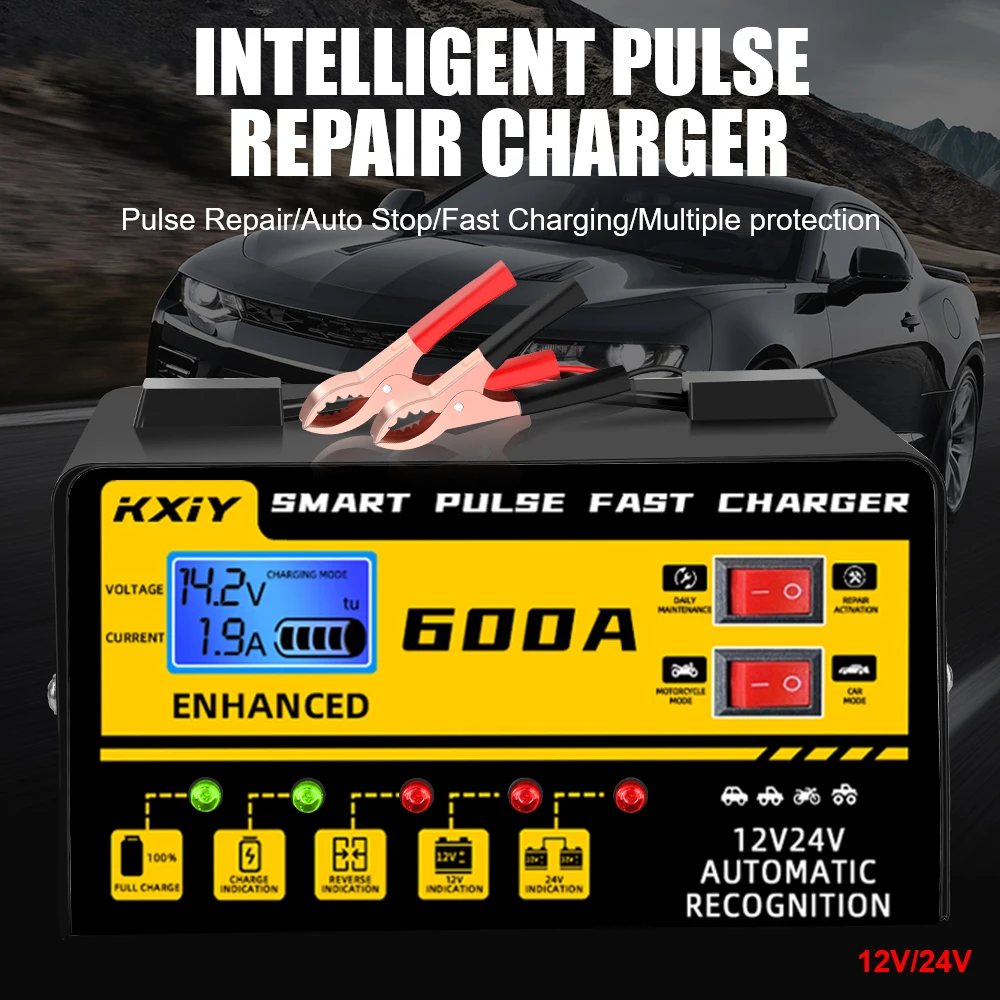 Digital LCD Display 12V 24V 600A Automatic Stop Car Battery Charger Intelligent Pulse Repair Voltage Temperature Detection