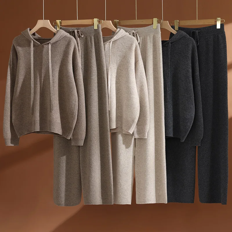 

ADDONEE осенне-зимний женский комплект из 100% шерсти, пуловер с капюшоном, широкие брюки, толстый повседневный кашемировый трикотаж, свитер, брючный костюм