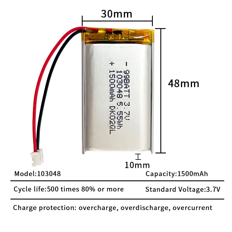 3.7V 103048 1500mAh Li Polymer Battery Rechargeable Lithium Batteries Lipo for Massager Humidifier Positioner DVD Led Light
