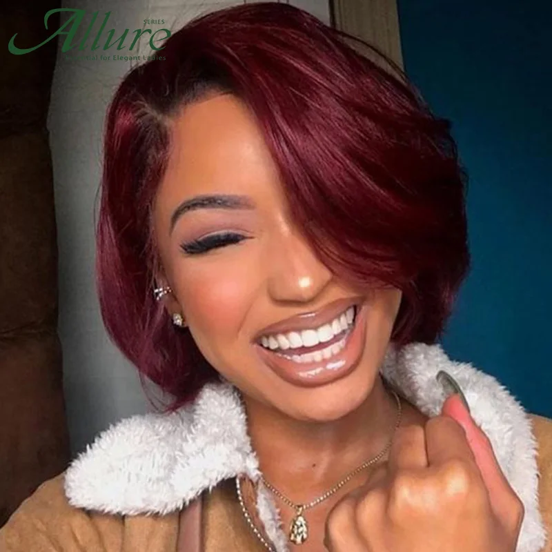 Burgundy Short Bob Wig With Bangs Wear to Go Bob Human Hair Wigs For Black Women Colored 99J Brown Brazilian Hair Wigs Allure