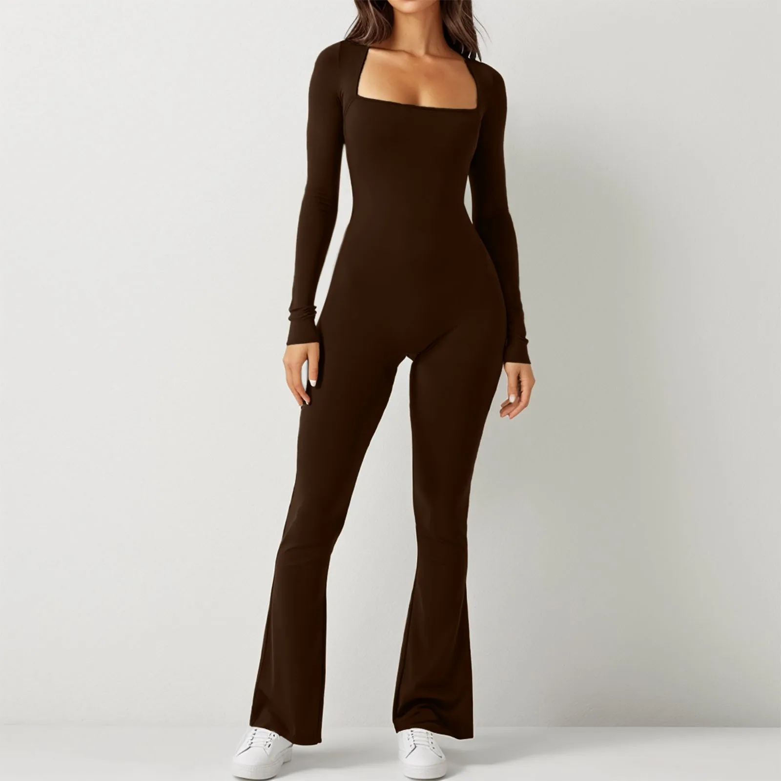 Women High Quality Sport Long Sleeve Plus Size Jumpsuit Women Sexy Solid Color Square Neck Long Sleeve Summer Backless jumpsuit