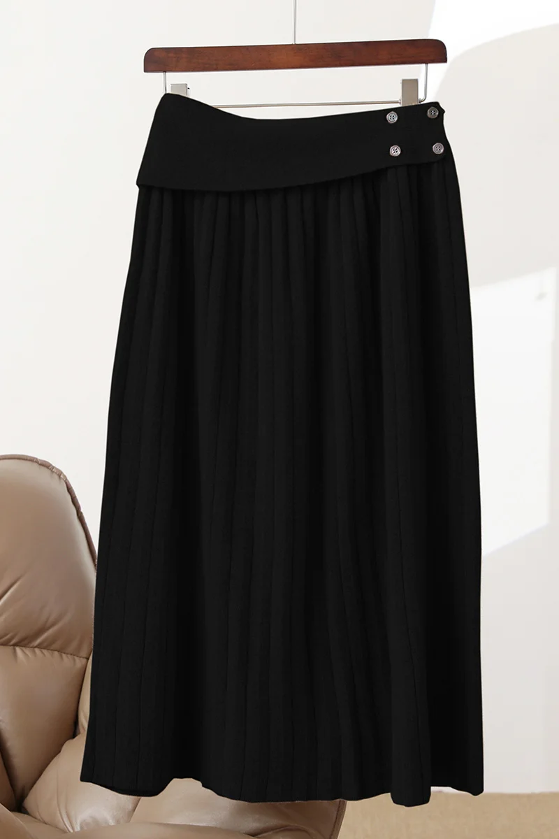 Women 100% Merino Wool Autumn Winter Elegant Pleated Rib Knit Midi Skirt Foldover Waistband Side Buttons Good Stretch Warm Dress