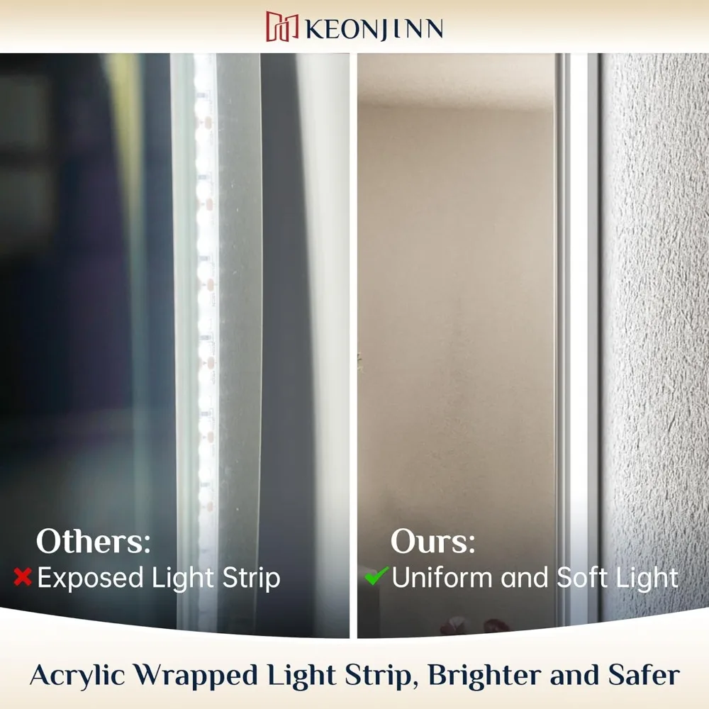مرآة Keonjinn بإضاءة خلفية مقاس 24 × 36 بوصة للحمام، مرآة Led مضادة للضباب، CRI90+ HD من الزجاج المقسى، مرآة مضاءة قابلة للتعتيم بدون خطوات #5
