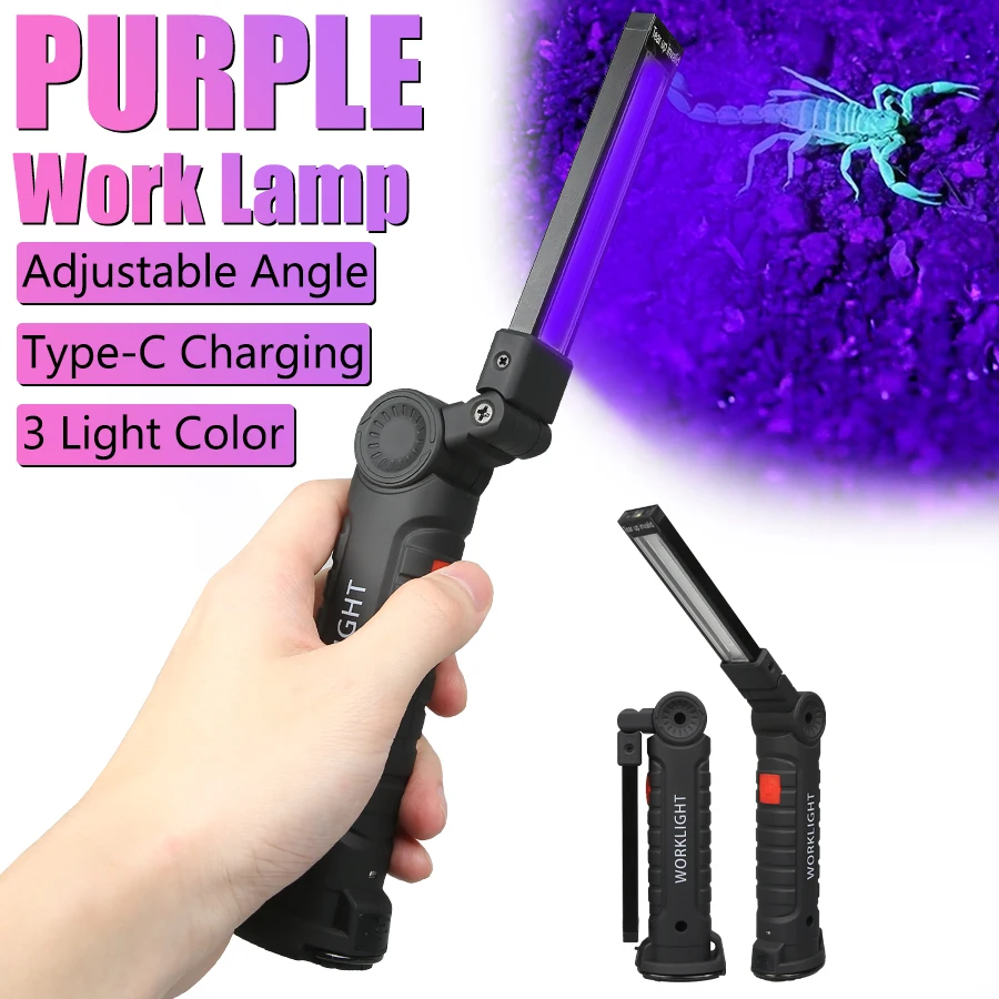 395NM UV Flashlight 5 Modes Black Light Flashlight USB Rechargeable Work Light with Outdoor Emergency Red White Light Torch