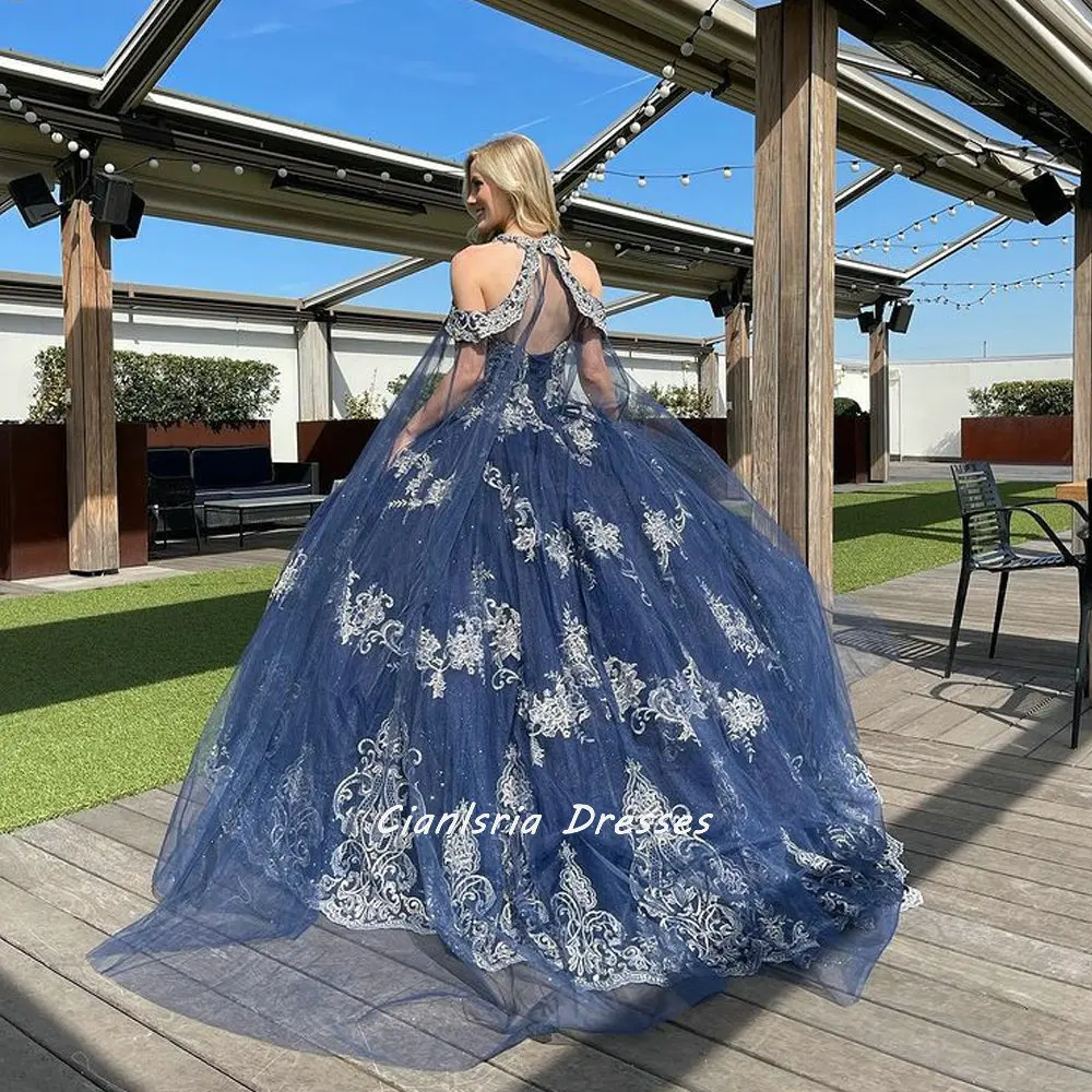 Vestido de quinceañera sin mangas con cuello Halter para niña, vestido de fiesta con apliques de capa, corsé de encaje con espalda abierta, color azul marino, 15