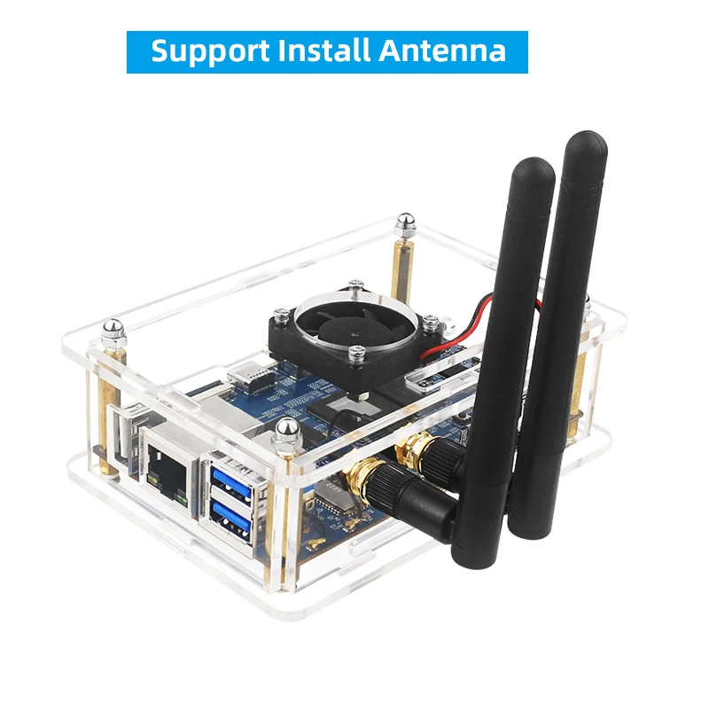 Caso acrílico para laranja pi 5/5b, concha transparente, antena de suporte, ventilador, dissipador de calor, fonte de alimentação