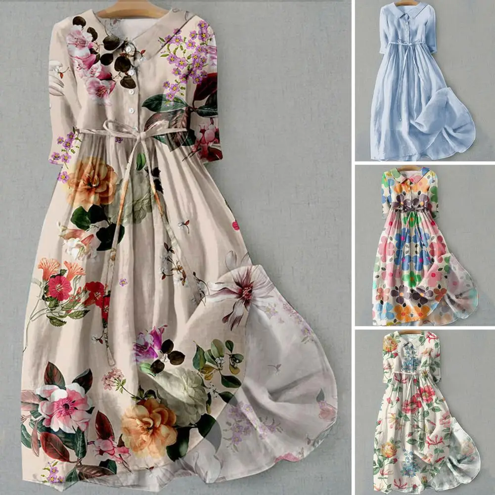 

Women Lapel Dress Bohemian Floral Print Midi Dress with Lace-up Detail V Neckline for Women Spring A-line Pleated Dress