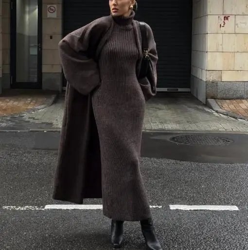 

Осень и зима 2025 г. Модный женский однотонный облегающий кардиган-халат, куртка и облегающее вязаное платье с высоким воротом, облегающее бедра, комплект