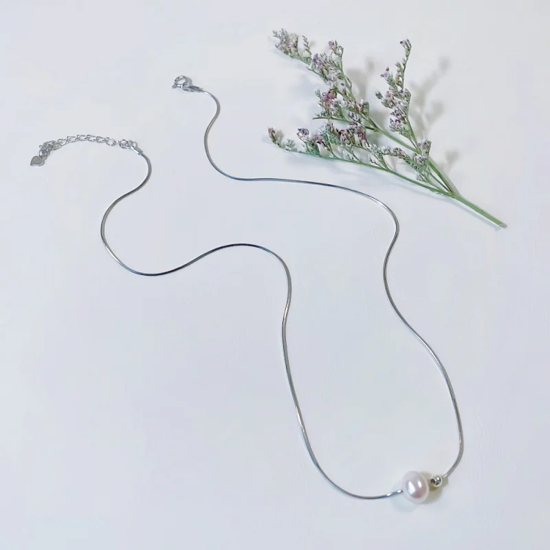 

Freshwater Pearl Necklace Collarbone Sterling Silver Snake Bone Chain Accessories