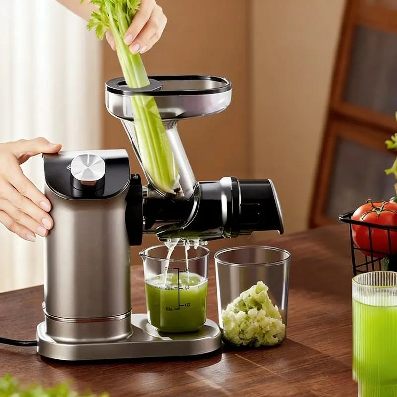Juicer with juice and pulp separation, household automatic small dual-feed chute juicer for fruits, vegetables, and celery.