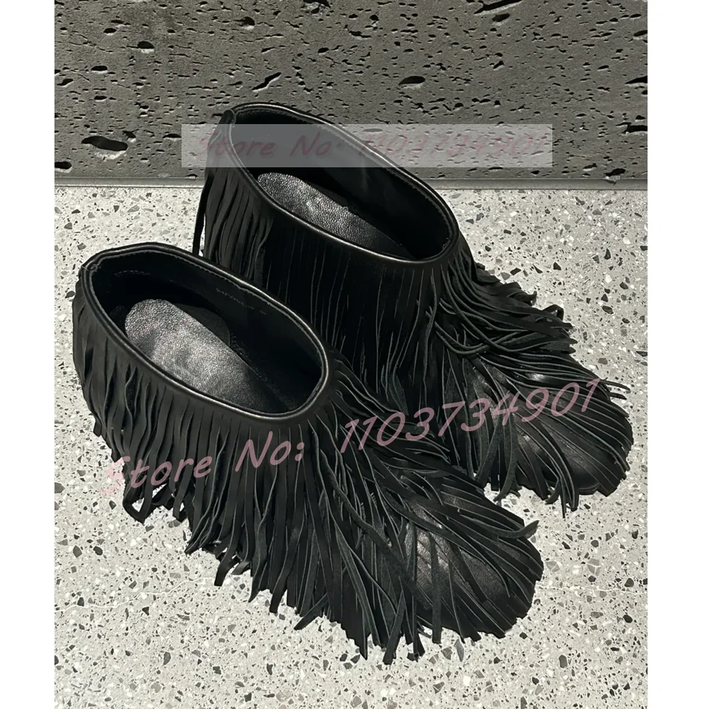 Tassels Black Short Boots Women Nightclub Punk Sexy Round Toe Slip-On High Heels Boots Ladies Party Fashion Nifty Stiletto Shoes