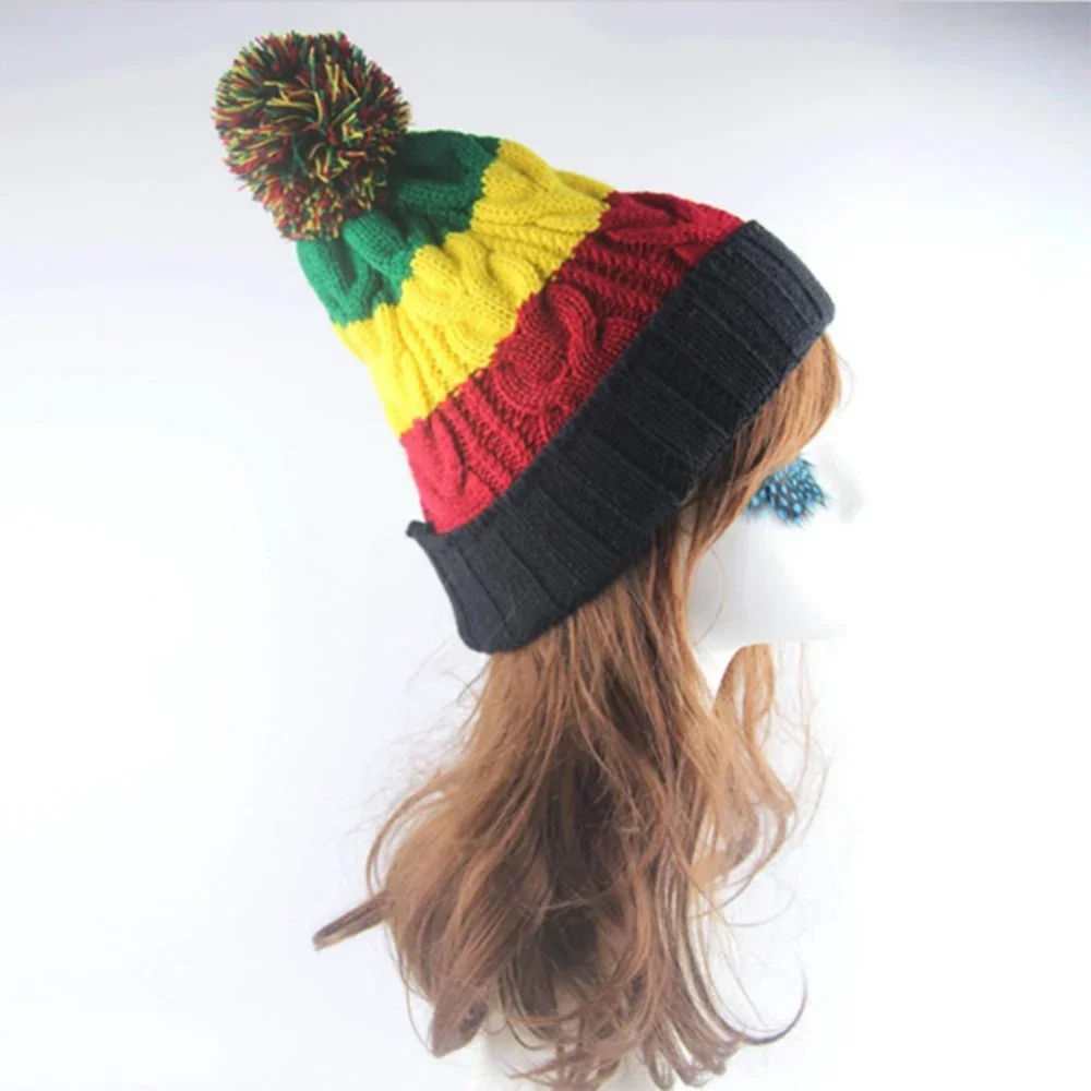 Cute Unisex Mixed Color Stripe Patterned Designer Warm Knitted Hat Beanie Winter Stretchable Colorful Unisex Knitted Hat