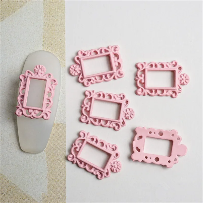 10Pcs/Lot Vintage Manicure Photo Frame Ornament Makaron Color Alloy Photo Frame Hollow-out lace Metal Photo Frame Nail Sticker