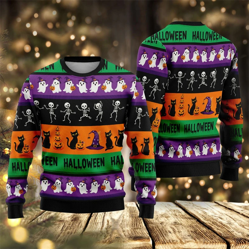 

Новинка 2026 года, уродливый свитер на Хэллоуин для мужчин, модные толстовки с 3D принтом тыквы и призрака, повседневная праздничная одежда большого размера, топы
