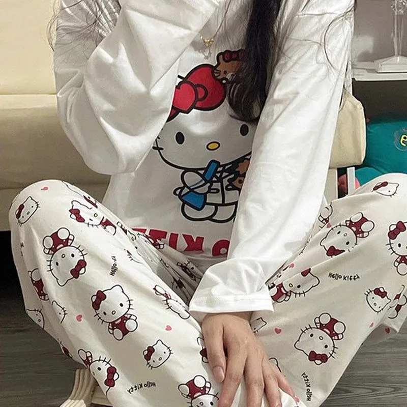 Kawaii Sanrios Hello Kitty Women\'s Pajamas Set Anime Cartoon Students Autumn Winter Polyester Long Sleeved Girls Nightwear Gift