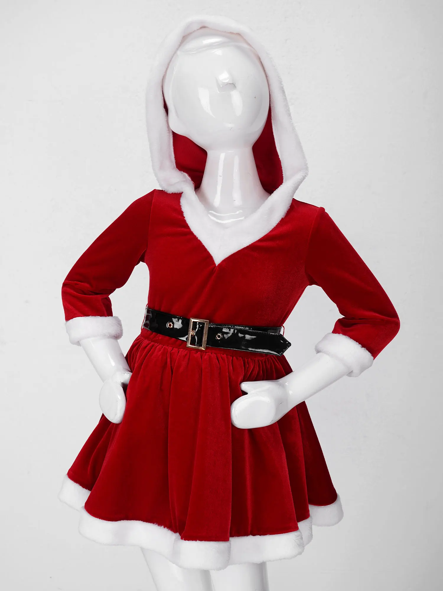 Vestido de Navidad de manga larga con capucha para niños y niñas, falda interior de tul con borde blanco, cinturón, terciopelo suave, Sra. Santa, fiesta