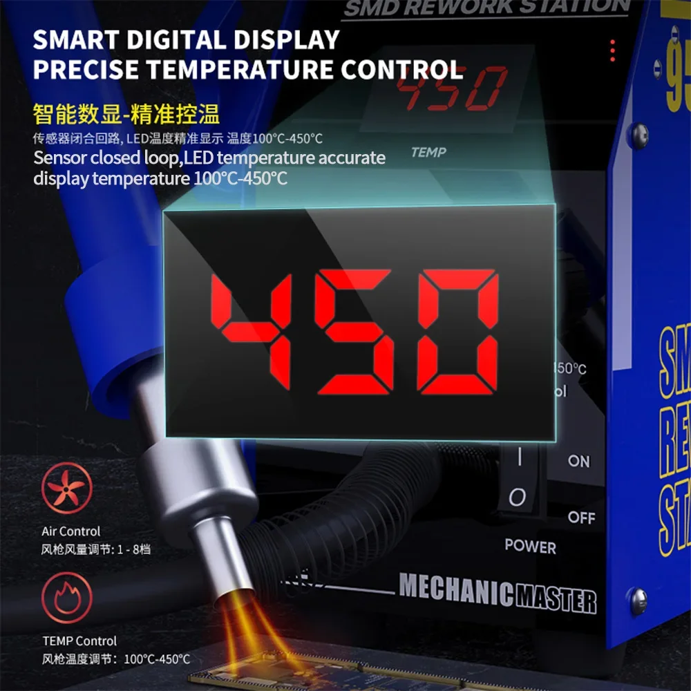 600W Dual Eddy Hot Air Heat Gun Hot Digital Display Air Rework Station ,5/8/10mm Air Gun Nozzles Digital Display 957DW 110V 220V
