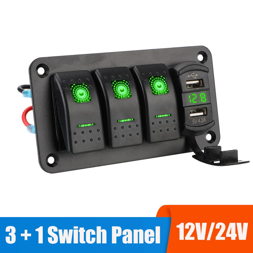 

24V 12V Switch Panel 3 Buttons Car Toggle Light USB Chargers 3.0 Volt Tester Accessories for Boat Marine Caravan Truck Trailer