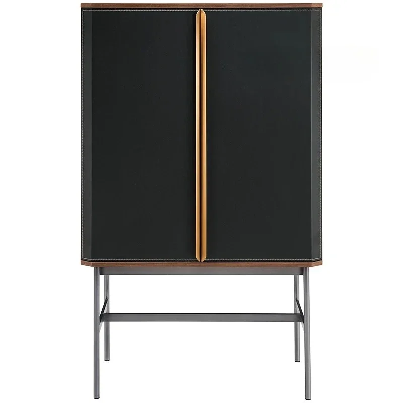

Italian minimalist wine cabinet living room modern light luxury high-end saddle leather dining side cabinet storage tall cabinet