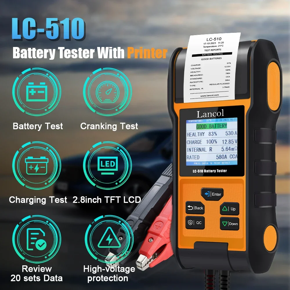 LANCOL LC-510  Car Battery Tester with Printer 7-30VDC 2.8 Inch TFT LCD Display with Backlight High-voltage Protection