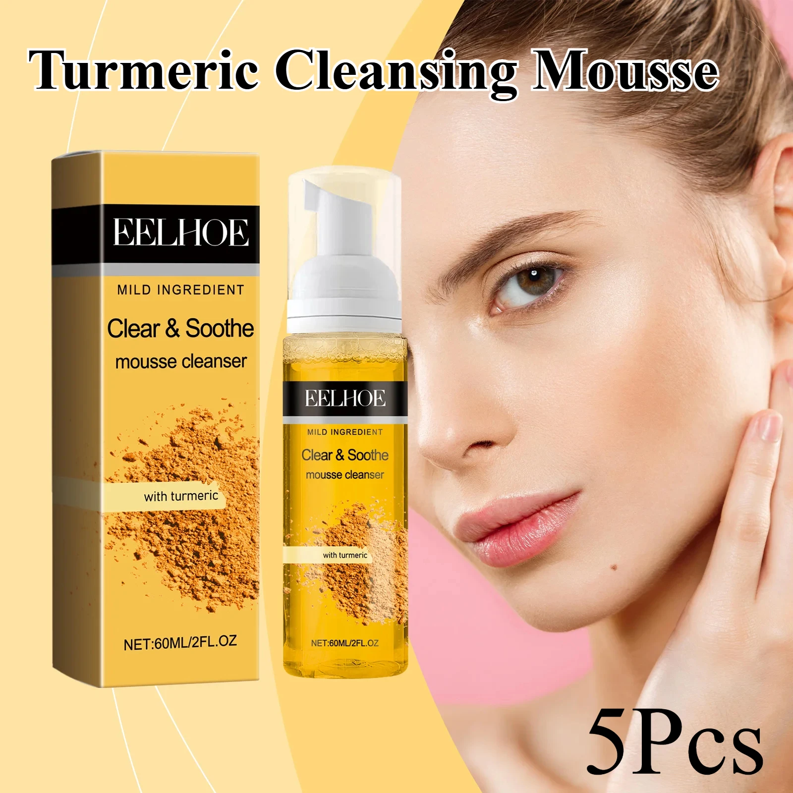 5Pcs Turmeric Cleansing Mousse.Deep Cleansing Pore Face Improvement for Uneven Skin Tone,Visibly Brightened,Scar and Texture