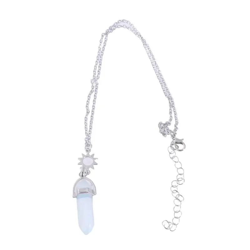 A52E Fashion Layered Necklace Silver for Sun and Moon Hexagonal Column Crystal Neckla